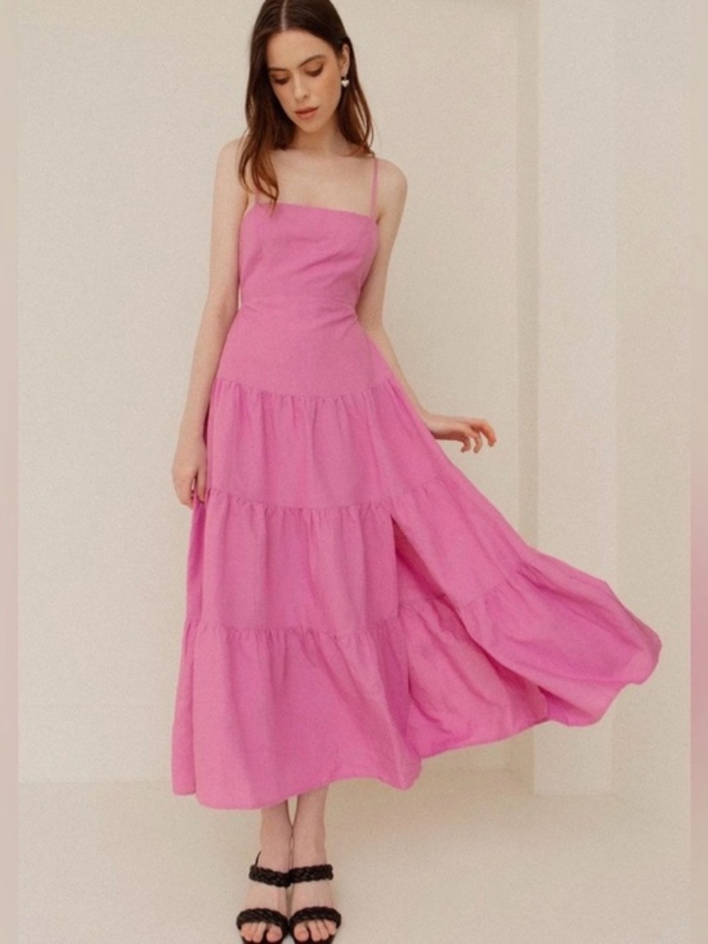 ASTR The Label Temecula linen blend tiered maxi dress back cut out sz Large